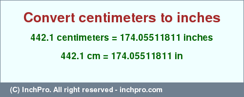 Result converting 442.1 centimeters to inches = 174.05511811 inches