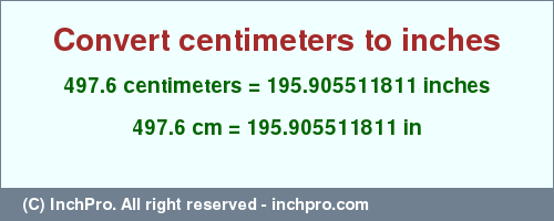 Result converting 497.6 centimeters to inches = 195.905511811 inches