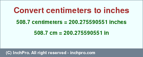 Result converting 508.7 centimeters to inches = 200.275590551 inches