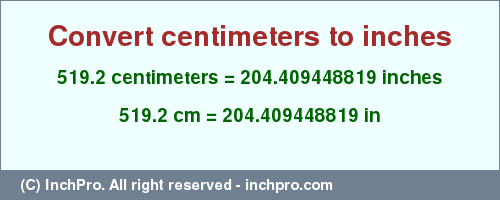 Result converting 519.2 centimeters to inches = 204.409448819 inches