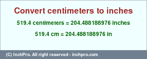 Result converting 519.4 centimeters to inches = 204.488188976 inches