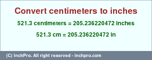 Result converting 521.3 centimeters to inches = 205.236220472 inches