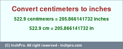 Result converting 522.9 centimeters to inches = 205.866141732 inches