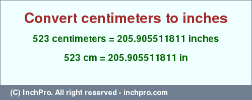 Result converting 523 centimeters to inches = 205.905511811 inches