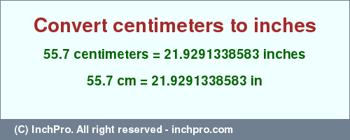 Result converting 55.7 centimeters to inches = 21.9291338583 inches