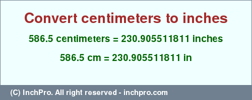 Result converting 586.5 centimeters to inches = 230.905511811 inches