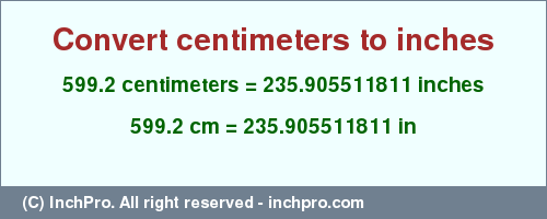 Result converting 599.2 centimeters to inches = 235.905511811 inches