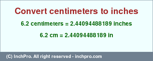 Result converting 6.2 centimeters to inches = 2.44094488189 inches