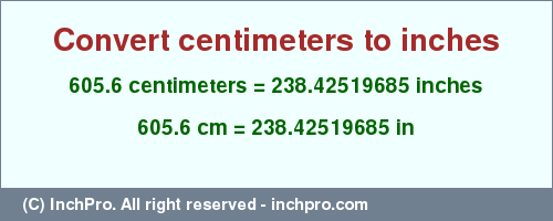 Result converting 605.6 centimeters to inches = 238.42519685 inches