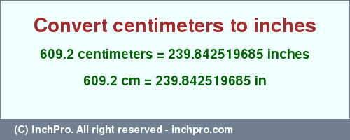 Result converting 609.2 centimeters to inches = 239.842519685 inches