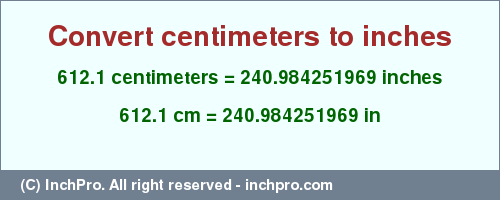 Result converting 612.1 centimeters to inches = 240.984251969 inches