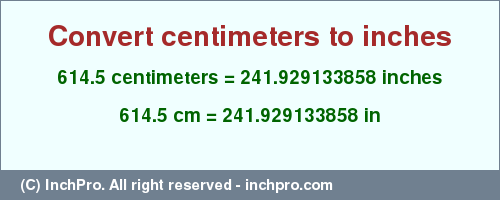 Result converting 614.5 centimeters to inches = 241.929133858 inches