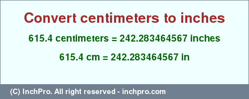 Result converting 615.4 centimeters to inches = 242.283464567 inches