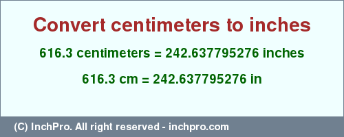 Result converting 616.3 centimeters to inches = 242.637795276 inches