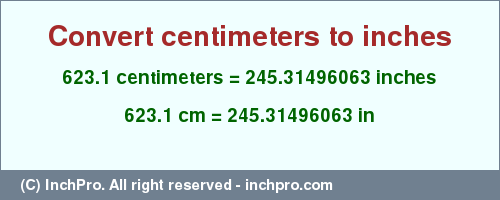 Result converting 623.1 centimeters to inches = 245.31496063 inches