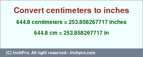Result converting 644.8 centimeters to inches = 253.858267717 inches
