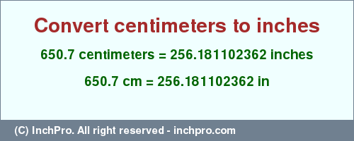 Result converting 650.7 centimeters to inches = 256.181102362 inches