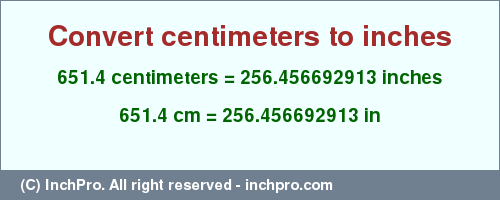 Result converting 651.4 centimeters to inches = 256.456692913 inches