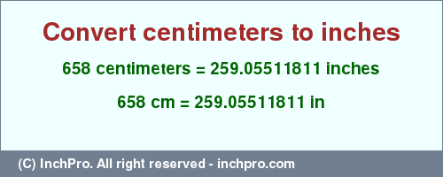 Result converting 658 centimeters to inches = 259.05511811 inches