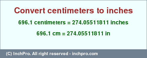 Result converting 696.1 centimeters to inches = 274.05511811 inches