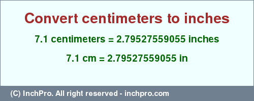 Result converting 7.1 centimeters to inches = 2.79527559055 inches