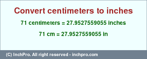Result converting 71 centimeters to inches = 27.9527559055 inches