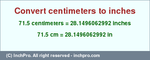 Result converting 71.5 centimeters to inches = 28.1496062992 inches