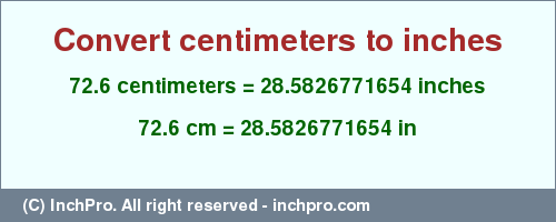Result converting 72.6 centimeters to inches = 28.5826771654 inches