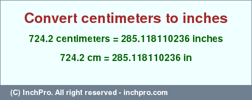 Result converting 724.2 centimeters to inches = 285.118110236 inches