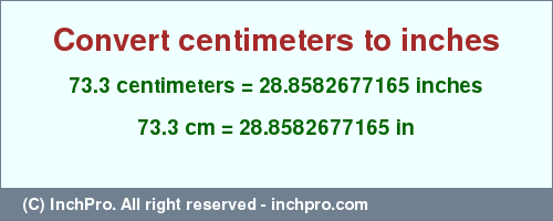 Result converting 73.3 centimeters to inches = 28.8582677165 inches