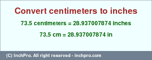 Result converting 73.5 centimeters to inches = 28.937007874 inches