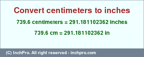 Result converting 739.6 centimeters to inches = 291.181102362 inches
