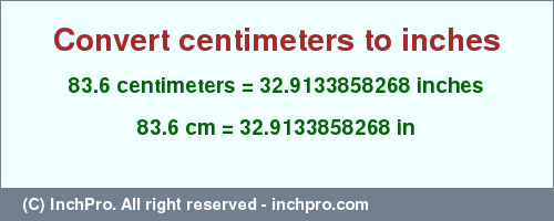Result converting 83.6 centimeters to inches = 32.9133858268 inches