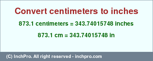 Result converting 873.1 centimeters to inches = 343.74015748 inches