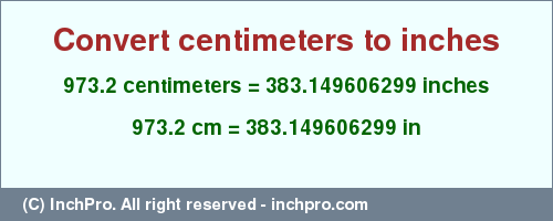 Result converting 973.2 centimeters to inches = 383.149606299 inches