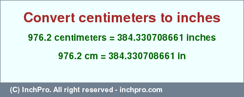 Result converting 976.2 centimeters to inches = 384.330708661 inches