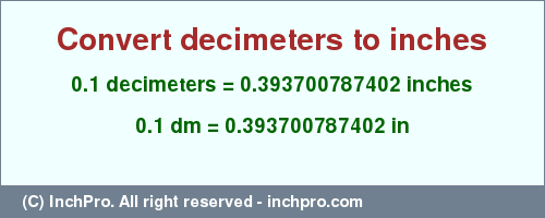 Result converting 0.1 decimeters to inches = 0.393700787402 inches