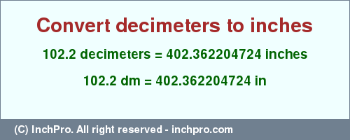 Result converting 102.2 decimeters to inches = 402.362204724 inches