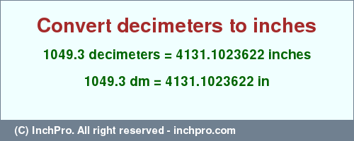 Result converting 1049.3 decimeters to inches = 4131.1023622 inches