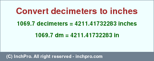 Result converting 1069.7 decimeters to inches = 4211.41732283 inches