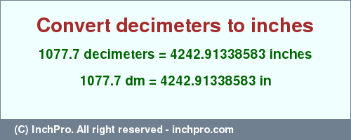 Result converting 1077.7 decimeters to inches = 4242.91338583 inches
