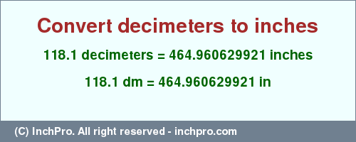 Result converting 118.1 decimeters to inches = 464.960629921 inches