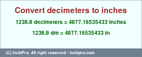 Result converting 1238.8 decimeters to inches = 4877.16535433 inches