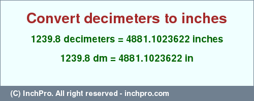 Result converting 1239.8 decimeters to inches = 4881.1023622 inches