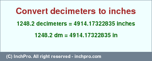 Result converting 1248.2 decimeters to inches = 4914.17322835 inches