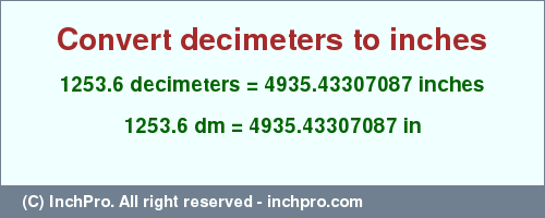 Result converting 1253.6 decimeters to inches = 4935.43307087 inches