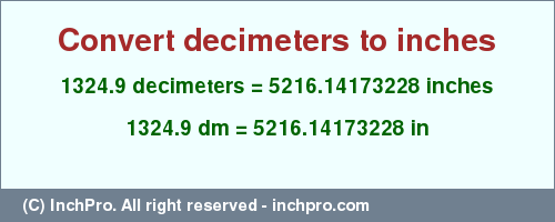 Result converting 1324.9 decimeters to inches = 5216.14173228 inches
