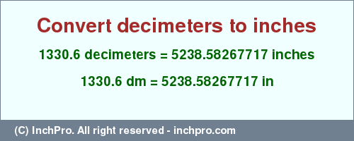 Result converting 1330.6 decimeters to inches = 5238.58267717 inches