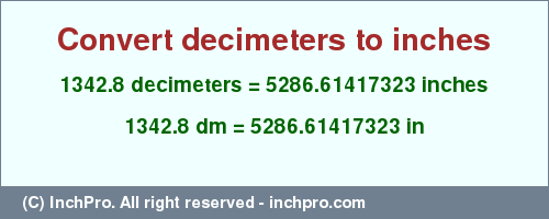 Result converting 1342.8 decimeters to inches = 5286.61417323 inches