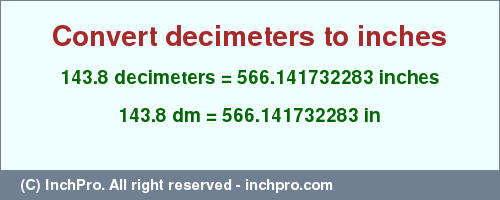 Result converting 143.8 decimeters to inches = 566.141732283 inches